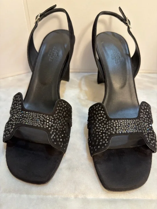 Hermes Black Suede Crystal Embellished Slingback H Sandals Size 39,9 (US 9,5) - Picture 7 of 17